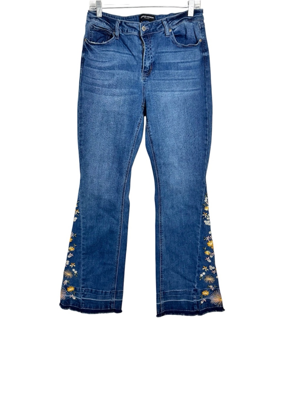 Ashley Mason Blue Denim Flare Stretch Jeans with Floral Embroidery Size 13 / 31